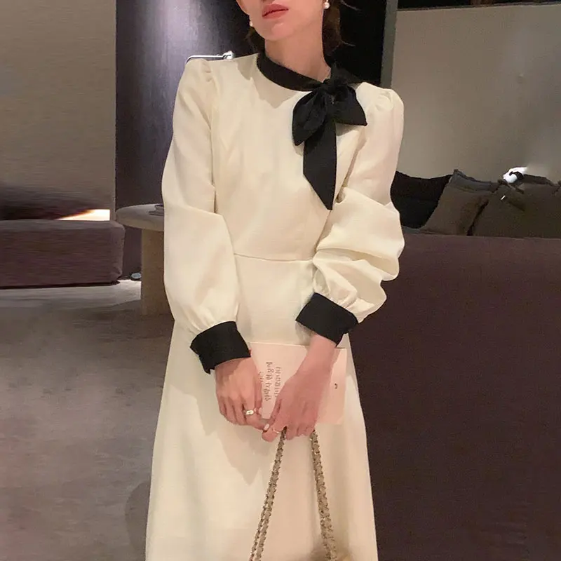 Chic Spring Vintage Necktie Design Color Block Bubble Sleeve A-Line Dress Women's High Waist Long Sleeve Maxi Dress Korean Sle