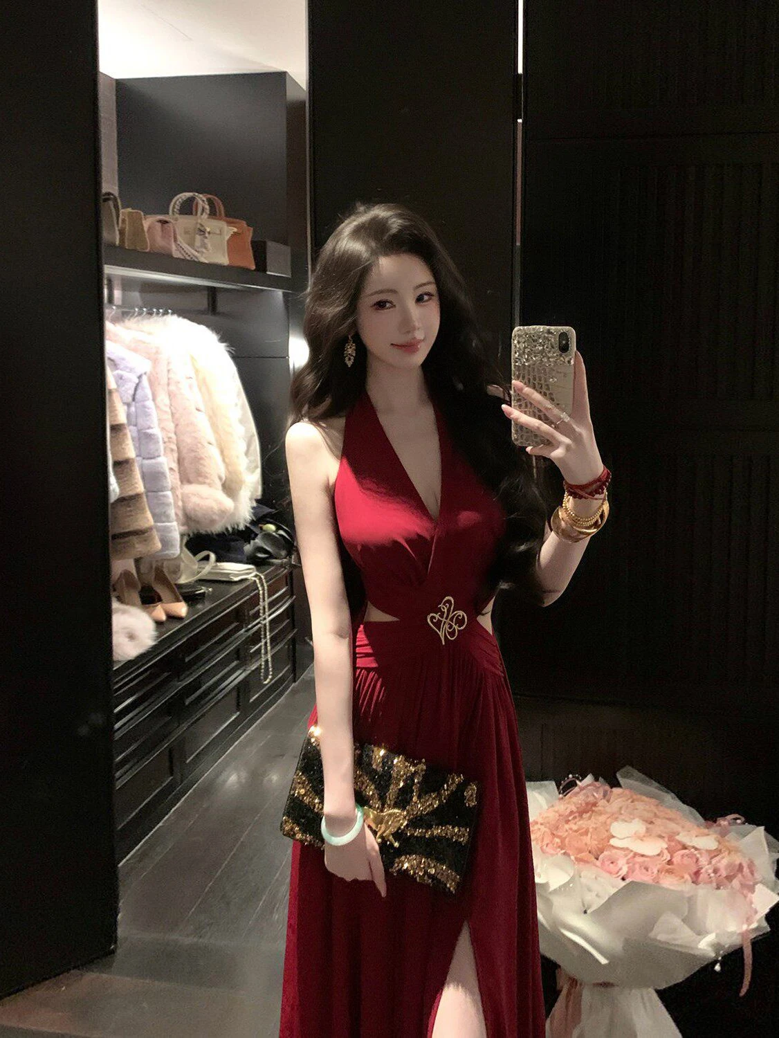 

Сексуальное красное платье с вырезами и V-образным вырезом на шее, с завышенной талией, А-силуэт, для повседневной носки