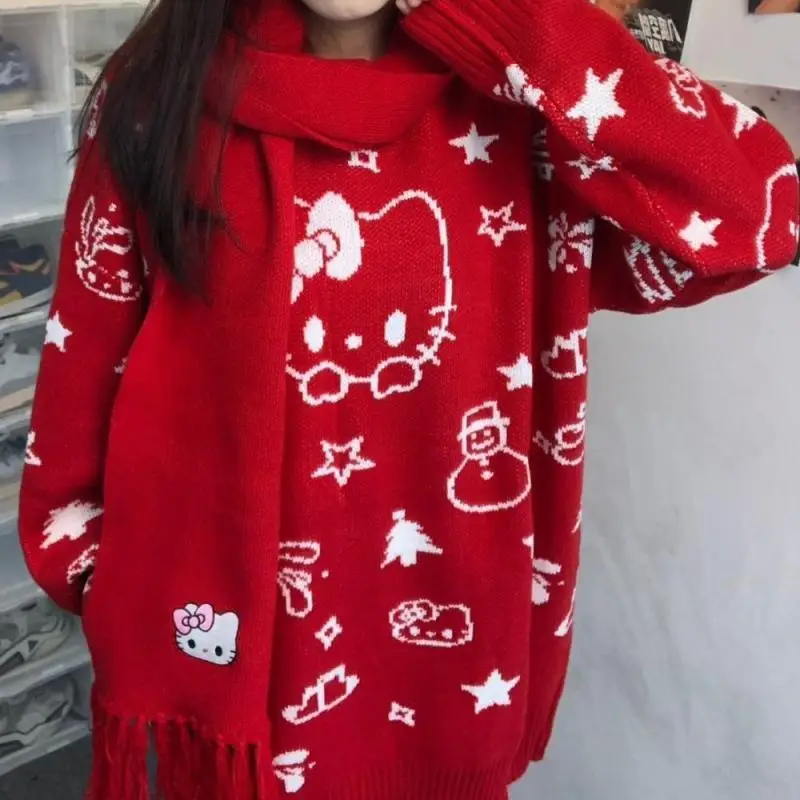 Kawaii Hello Kitty Sweater Scarf Sanrio Kitty Cat Autumn Winter Lazy Style Loose Round Neck Pullovers Sweet Knitted Long Sleeve