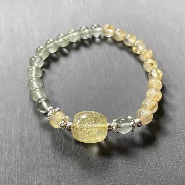 

Natural Gold Rutilated Quartz/Ghost Phantom Quartz Crystal Bracelet Woman Wealthy Titanium Round Beads Transfer Beads Jewelry