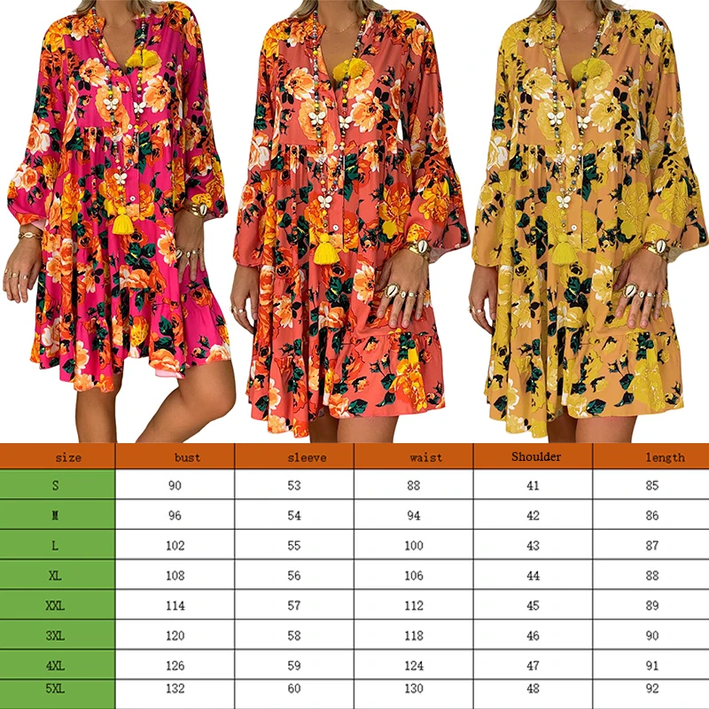 2023 Summer Women's Dress Bohemian Print Loose Beach Dress Europe America Lady Sexy Elegant V-neck Long Sleeve Large Long Skirt