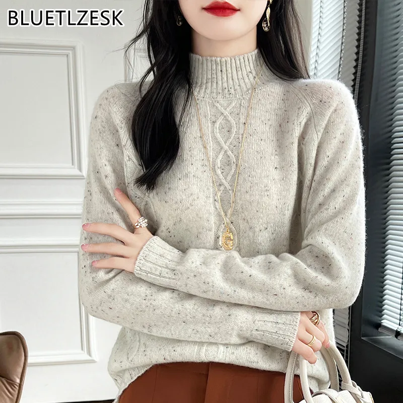 2024 Autumn/Winter New 100% Wool Half High Collar Sweater Women\'s Casual Knit Pullover Loose Fashion Sweater Versatile Soft Tops