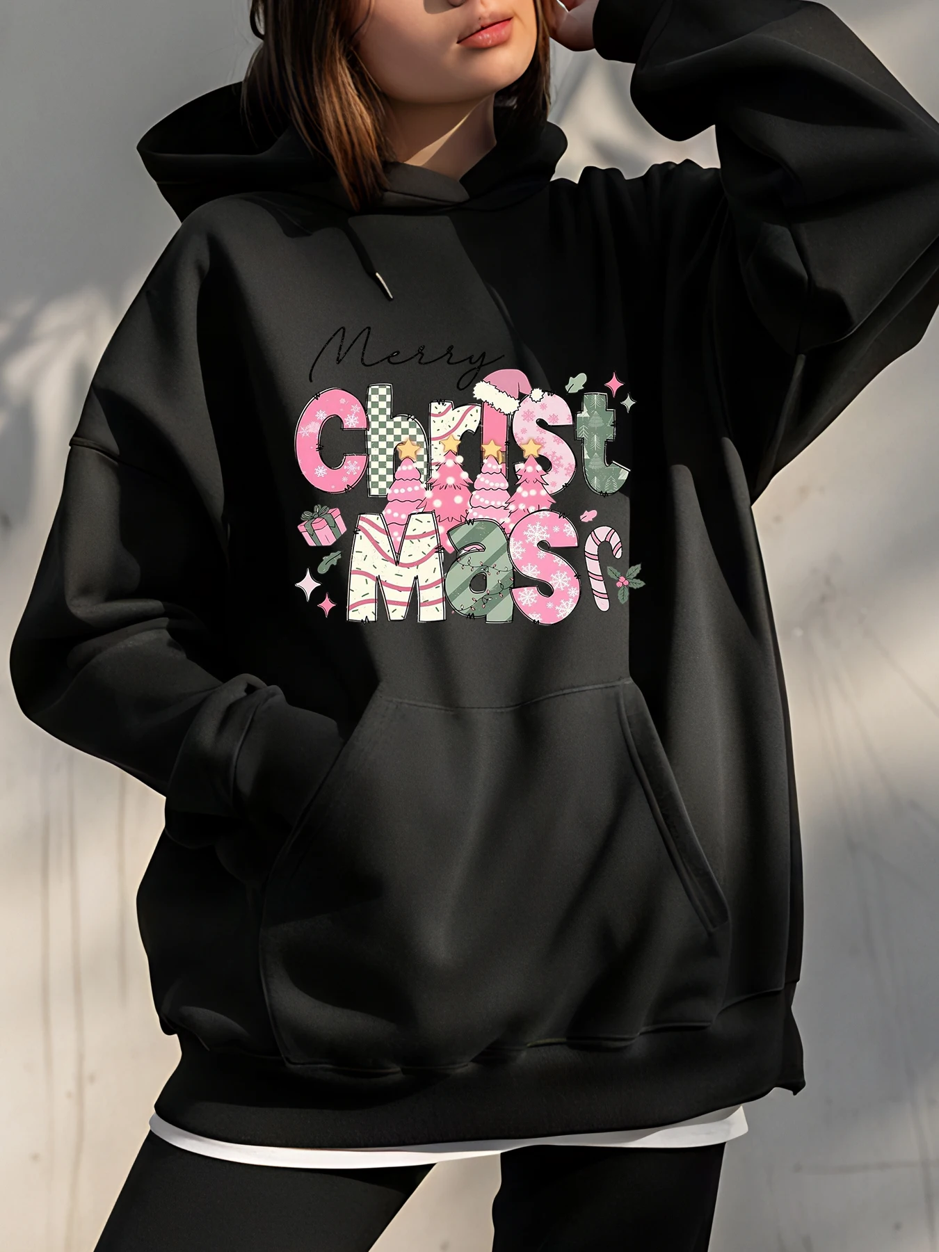 Felpa con cappuccio natalizia Felpa natalizia casual da donna con stampa di buon Natale per la moda invernale