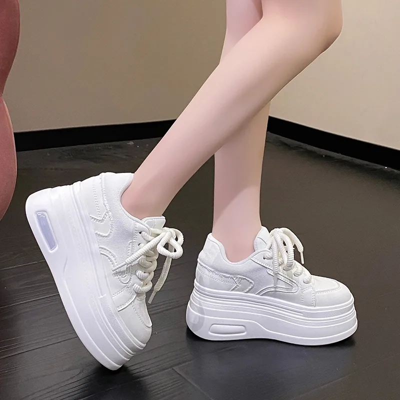 8Cm Canvas Dames Casual Schoenen Hoge Platform Wiggen Skateboard Schoenen Vrouwen Dikke Sneakers Lente Herfst Gevulkaniseerde Witte Schoenen