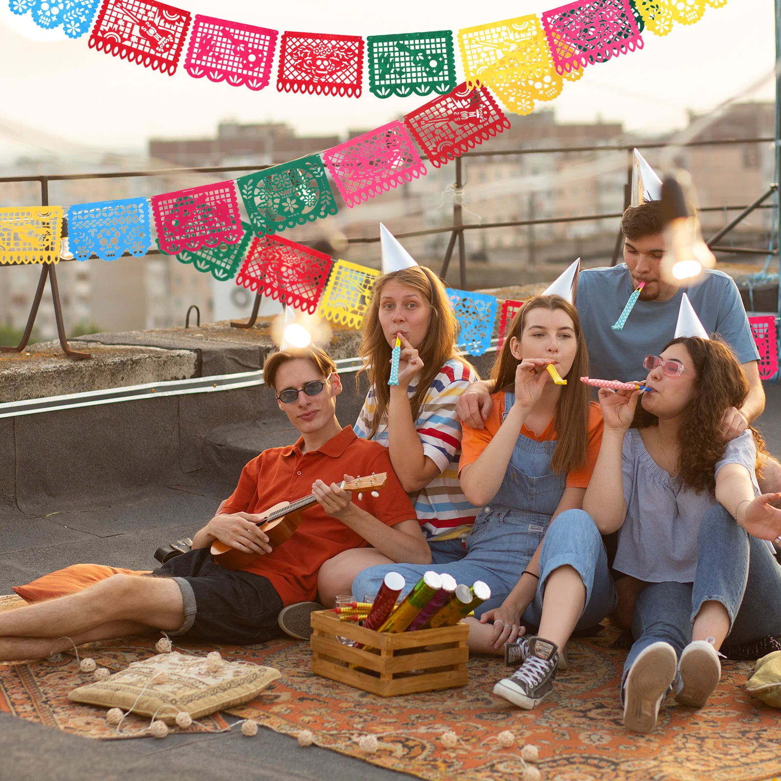 

Non Woven Lacing Flag Mexican Party Banner Fiesta Decorations Set Day Of Dead Traditional Bright Colors joyful ambiance