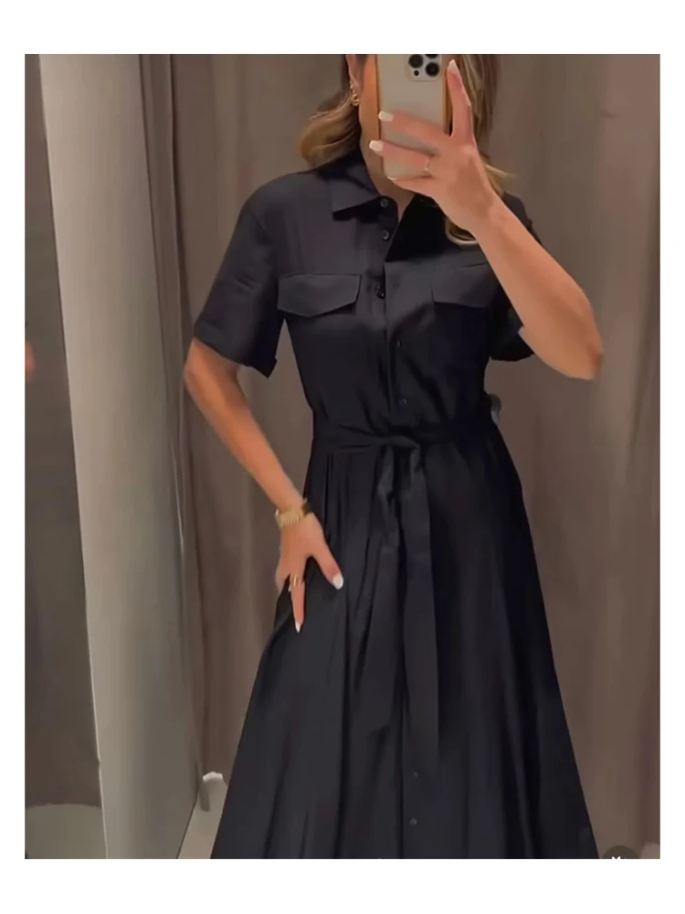 

Elegant Hollow Out Embroidery Hem Womens Summer Black Slim Dress With Belt Female Casual Shirt Style Single Breasted Long Dress