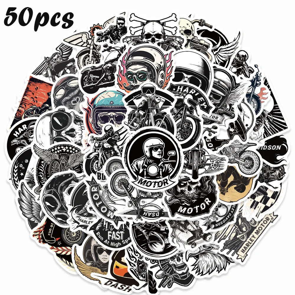 50Pcs Retro Cool Motorcycle Stickers Black And White Harley Waterproof Sticker Decorated Skateboard Laptop Helmet Vintage Decal