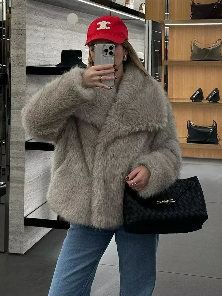 

Faux Fur Coat Women 2023 Winter Turndown Collar Thick Warm Fur New Outerwear Female Casual Loose Long Sleeve Coats