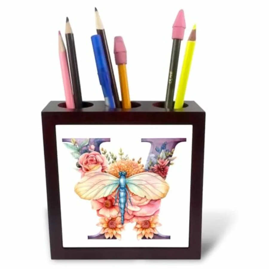 

Pretty Pastel Floral Insect Monogram Initial W - Tile Pen Holders ph-383766-1