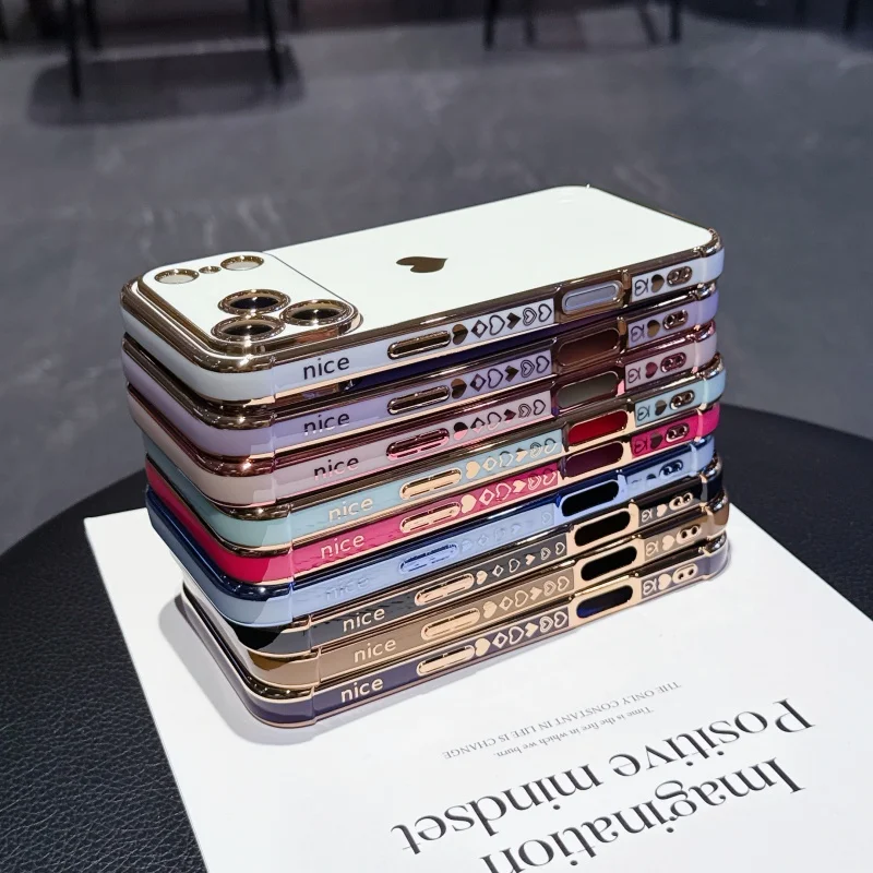 Luxury Plating Love Heart Soft Phone Case For iPhone 17 Air 16 15 14 13 12 11 Pro Max Mini Plus Edge Pattern Silicone Back Cover