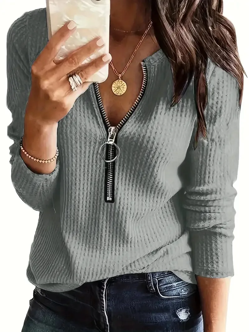 

Women's Cross Border Fashion Casual Zipper Long Sleeved Round Neck Top Waffle Solid Color Series T-ShirtWF4