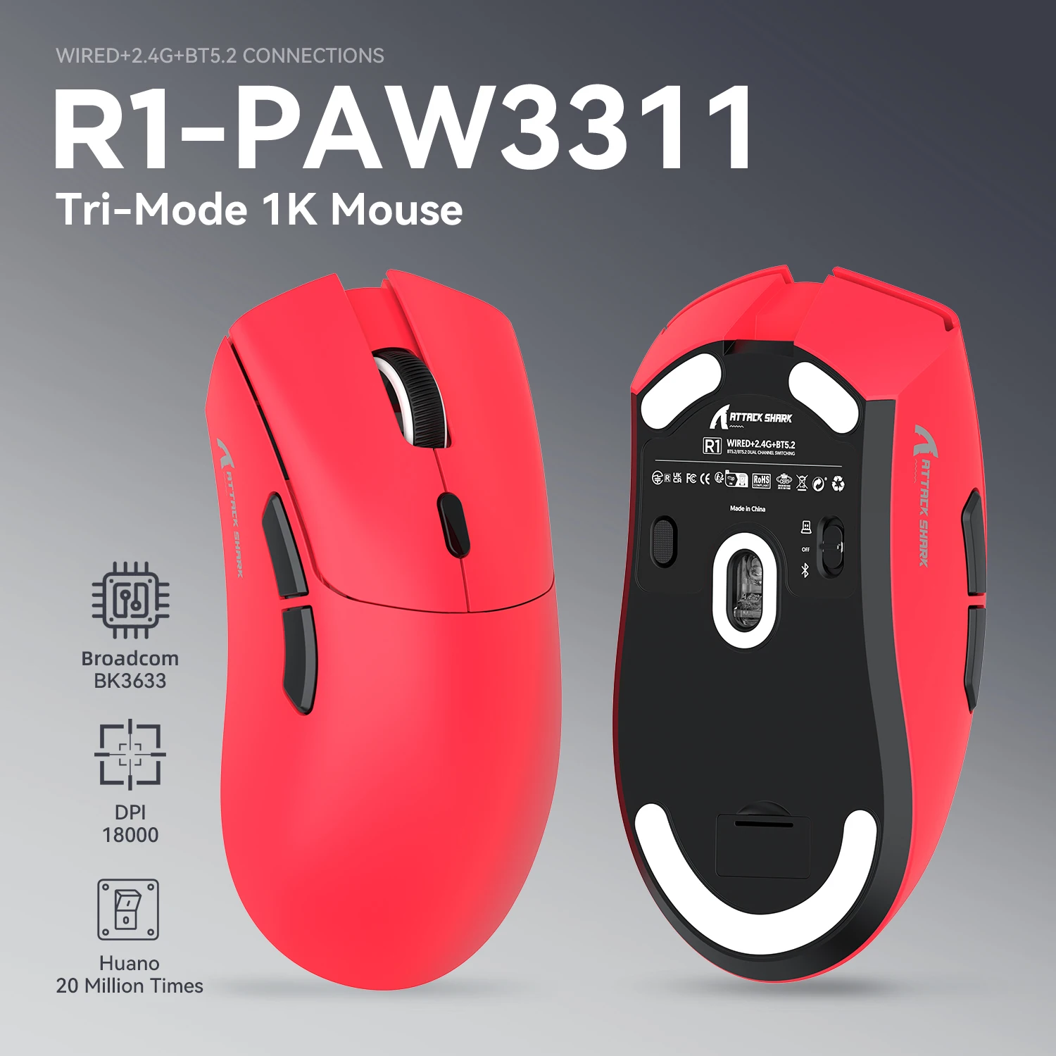 ATTACK SHARK R1 Tri-Mode-Gaming-Maus, PixArt PAW3311-Sensor, 18000 DPI, 1000 Hz, 59 g, ultraleicht für große Hand, für PC/Mac 3