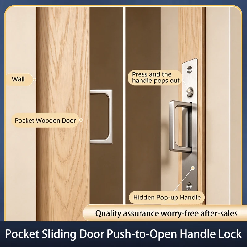 Pocket Door Lock Hidden Sliding Door Lock Push Pop Handle Invisible Integrated Bathroom Bedroom Privacy Lock Hardware Kit 301