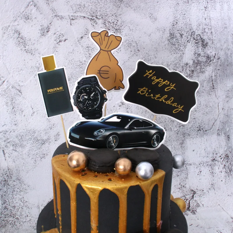 5pcs/set Cake Topper Car Money Wristwatch DIY Cake Cupcake Toppers Boys Men Happy Birthday Party Wedding Dessert Decor Flags New