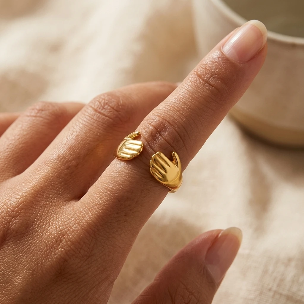 Miia Jewelry 18K Gold Stainless Steel Open Ring Sentimental Warm Hug‑Inspired Two Hands Adjustable Statement Ring For Women