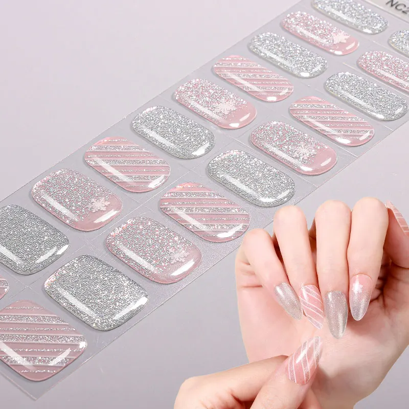 20 Tips Kerst Semi-Gehezen Gel Nail Wraps Sneeuwpop Sneeuwvlok Gel Nail Sticker Langdurige Gel Manicure Decals decoratie