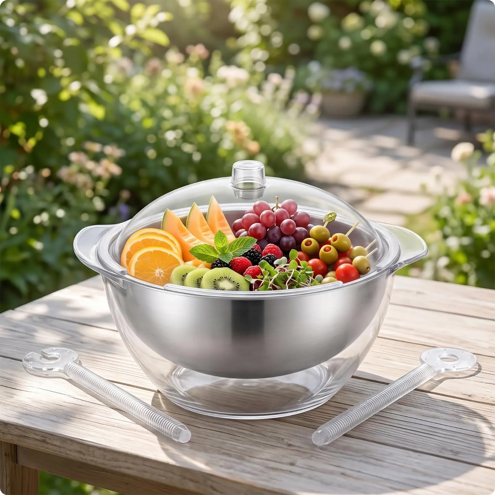 Insulated Kitchen Freezing Bowl Stainless Steel Inner Chilled Serving Bowl with Lid and Tools for Parties