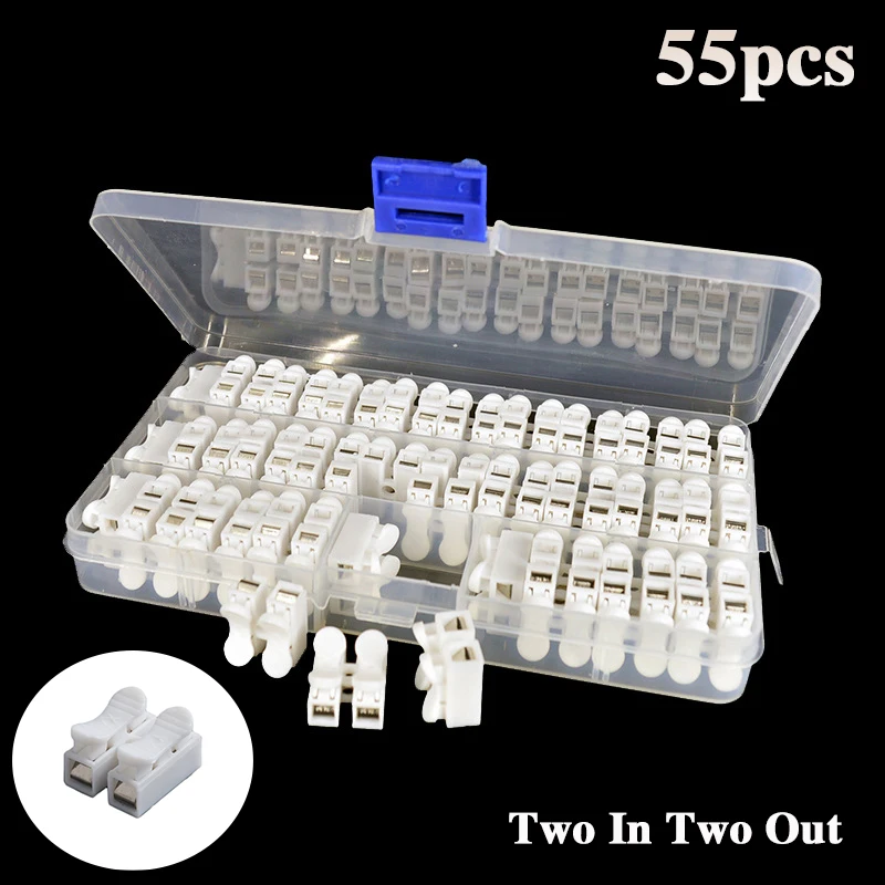 BOX 55 PCS CH-2 Spring Wire Quick Connector 2p Electrical Crimp Terminals Block Splice Cable Clamp Easy Fit Led Strip