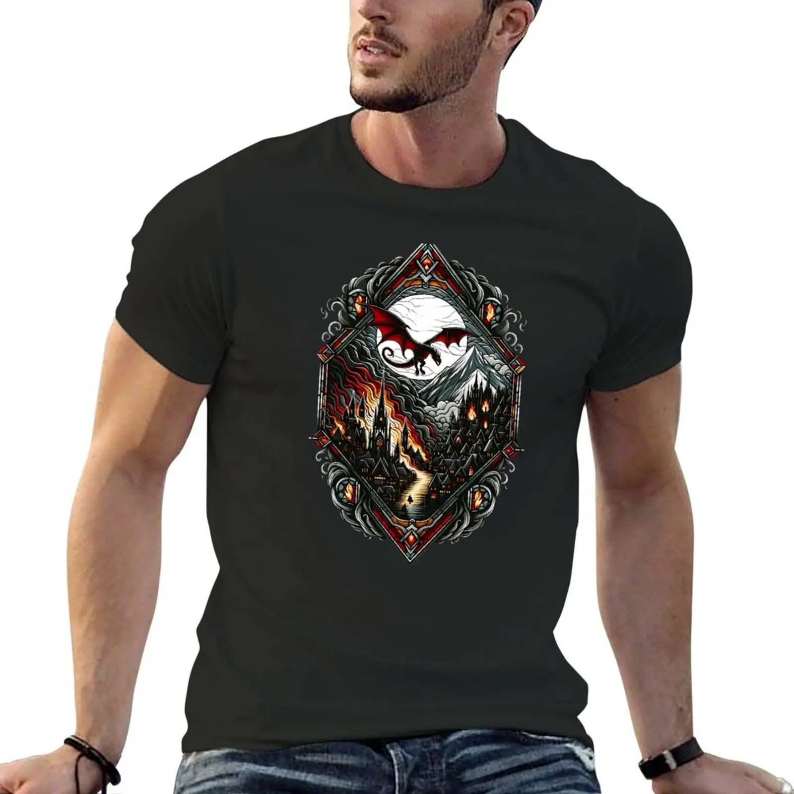 

The Dragon Attacks the Town by the Lake - Fantasy T-Shirt oversized t shirt anime tshirt t shirt men