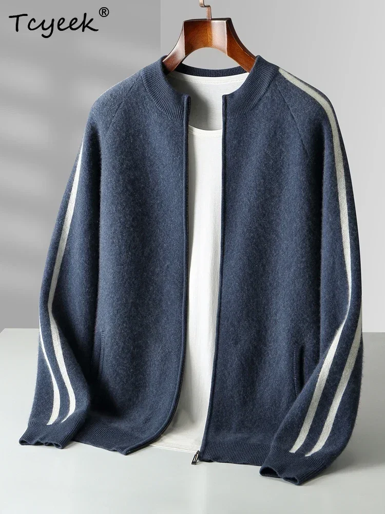 Men's Sweater Jacket 100% Merino Wool Cardigan Clothing Autumn Winter Sweater Casual Zip Warm Jacquard Color Collision Knit Coat