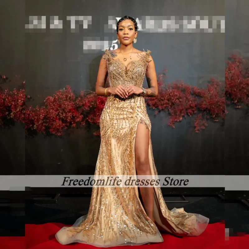 

Luxury Gold Prom Dresses 2026 Sequin Pearls Mermaid Party Dress For Women 2025 Split Evening Gowns robes de soirée Customized