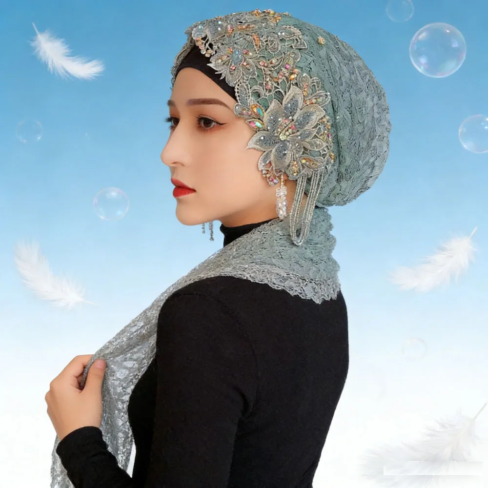 

Мусульманская вуаль, малайский головной платок для женщин, кружево с бисером и кисточками, хиджаб, капот, тюрбан, шапочки, свадебная шапка, элегантная вечеринка, выпускной вечер