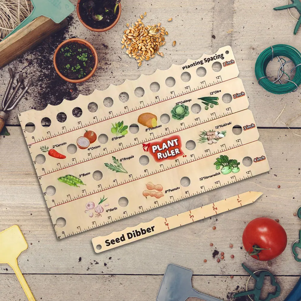 2/1 قطعة حديقة خشبية Dibber تباعد حاكم البذور الموزعات متعددة الوظائف المحمولة البذارة زرع مع أدوات البستنة النباتية Dibber