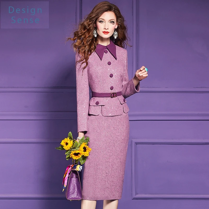 고품질 여성 통근 착용 모직 드레스 긴 소매 겨울 하이 엔드 패션 위엄있는 기질 셔츠 힙 스커트