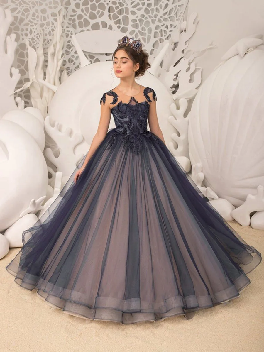 Customized Deep Blue Flower Girl Dresses For Wedding Crystal Pleat Ball Gown First Communion Dress for Kids Pageant Party 2024