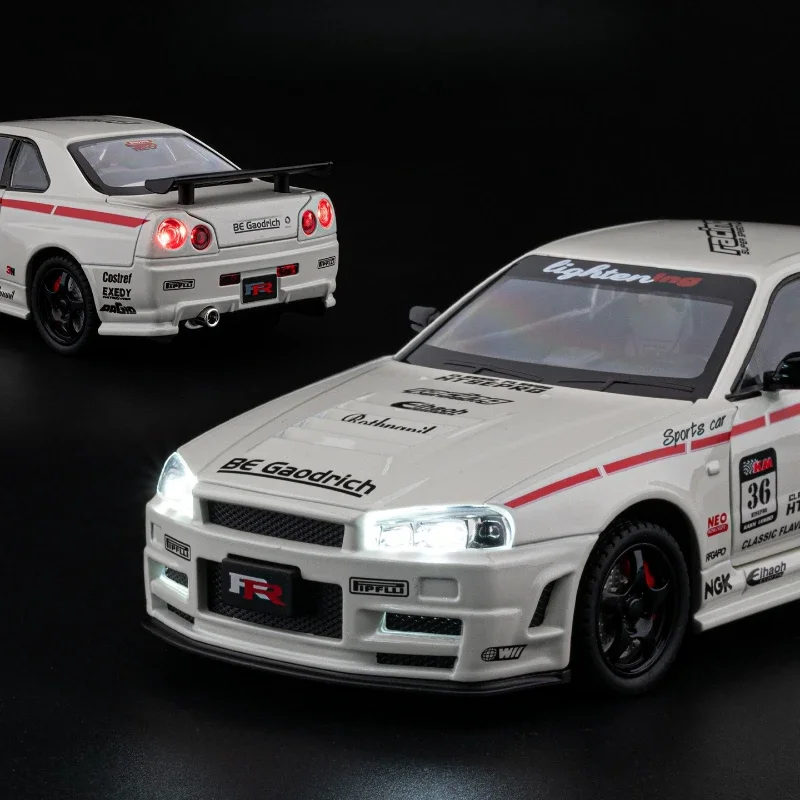 รถสปอร์ตไดแคสต์โลหะผสมรุ่น Skyline GTR R34 สเกล 1:24 พร้อมเสียงและไฟ มีระบบดึงหลัง ของสะสม ของเล่นเด็ก ของขวัญ