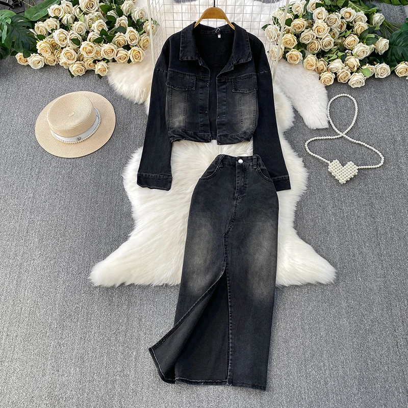 Retro washed lapel collar denim jacket+slim fit split mid length skirt fashionable two-piece set women casual street set