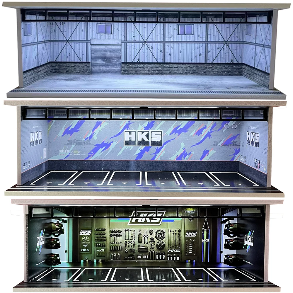 Kit modello di parcheggio Diorama in scala 1/64 con illuminazione a LED Scena di visualizzazione per auto Set di giocattoli per assemblaggio di fondale per garage per collezionisti