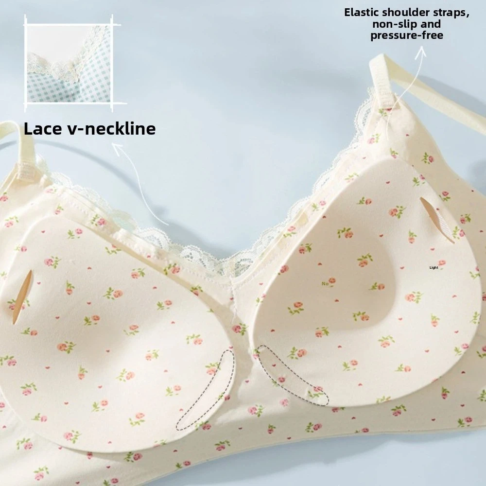 Spurloser Spitzen-BH ohne Bügel, V-Ausschnitt, mit Blumenmuster und Schleife, Gittermuster, für Damen, stoßdämpfend, formstabil, Push-up-Unterwäsche, Sport-BH. – Detail 12