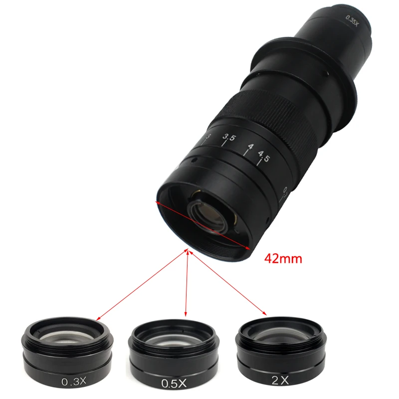 0.5X 2.0X 0.3X Barlow Auxiliary Objective Glass Lens 42mm For 200X 180X 300X C MOUNT Lens Industry Video Microscope Camera