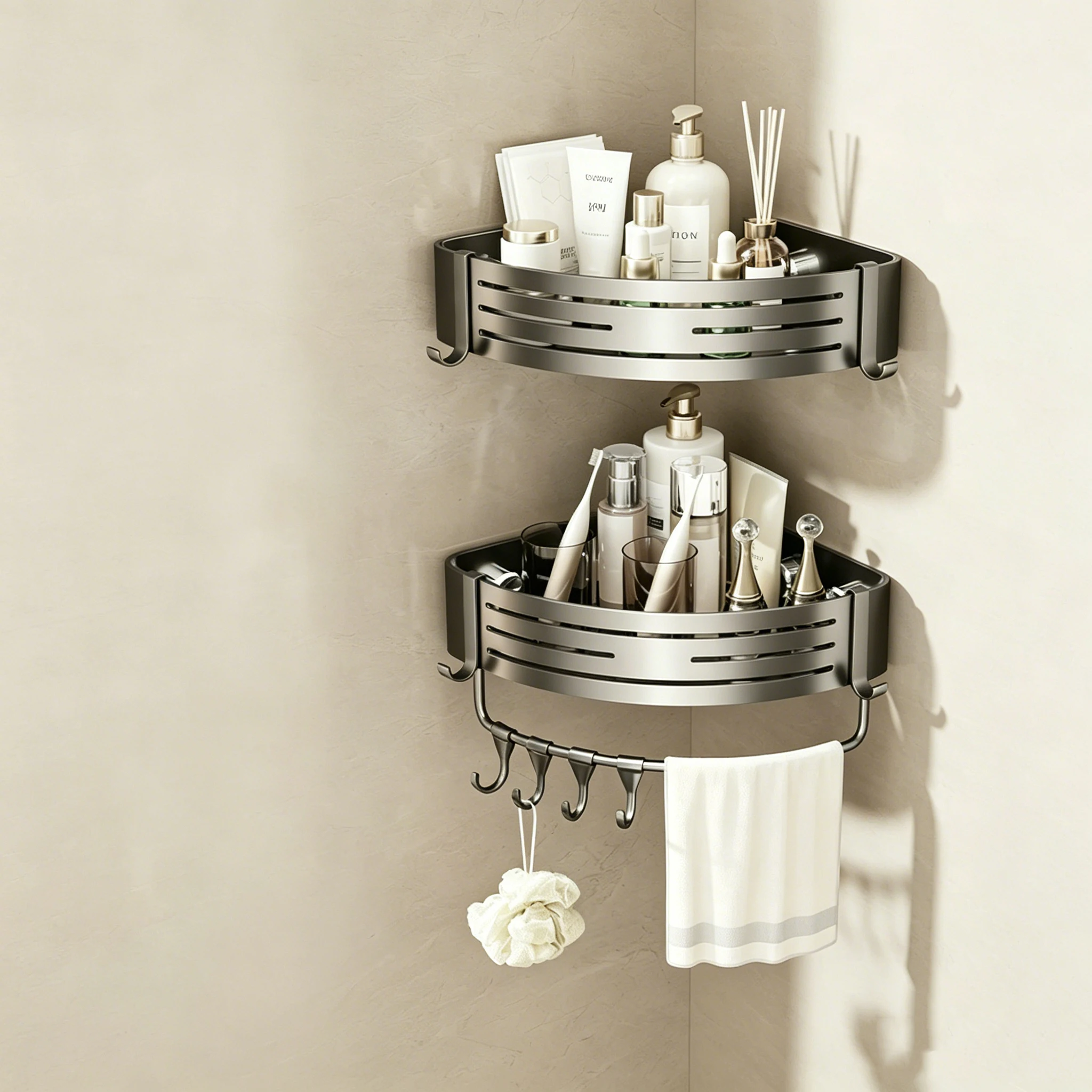 

Tick on Suction Cup No-Drill Bathroom Corner Shelf for Shampoo Tissue Storage