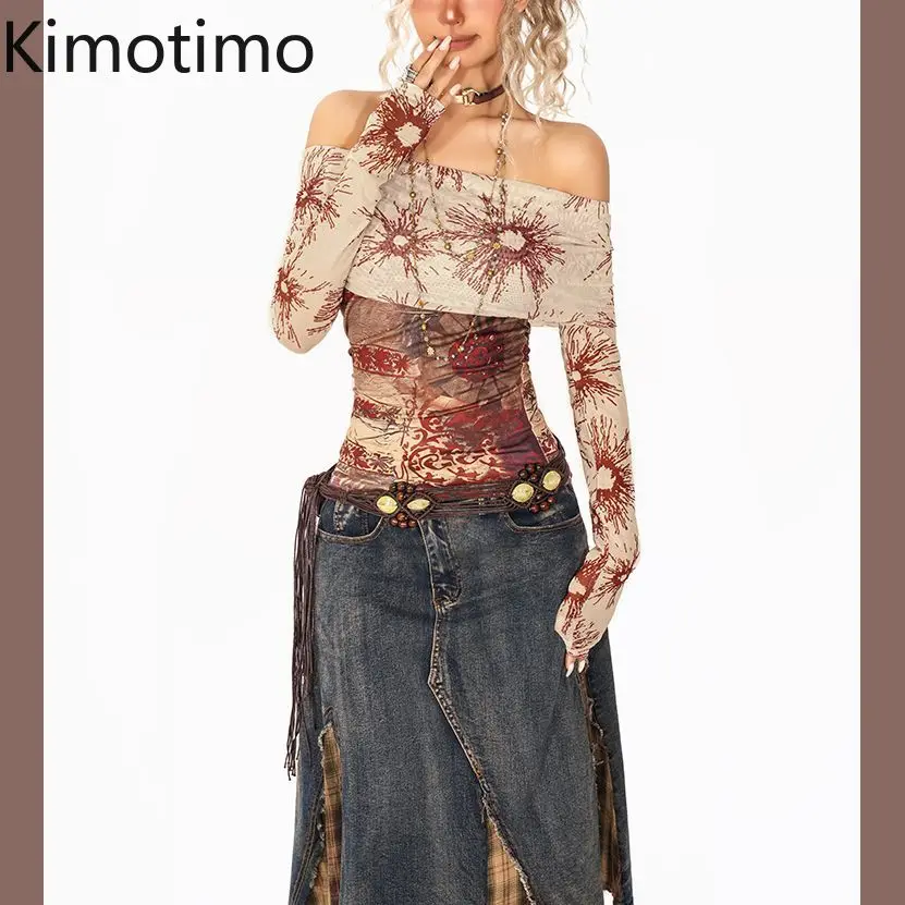 Kimotimo Boho Off Shoulder Mesh Long Sleeve Top Women Floral Print Sheer T-shirts Harajuku Y2K Vintage Slim Fit Tees Streetwear