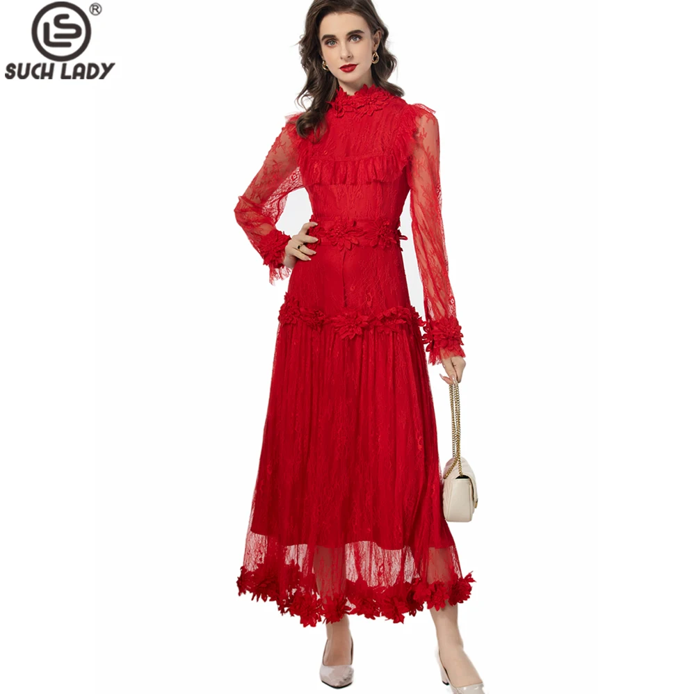 

Women's Dress O Neck Long Lace Sleeves Appliques Ruffles Elegant Maxi Designer Party Prom Gown