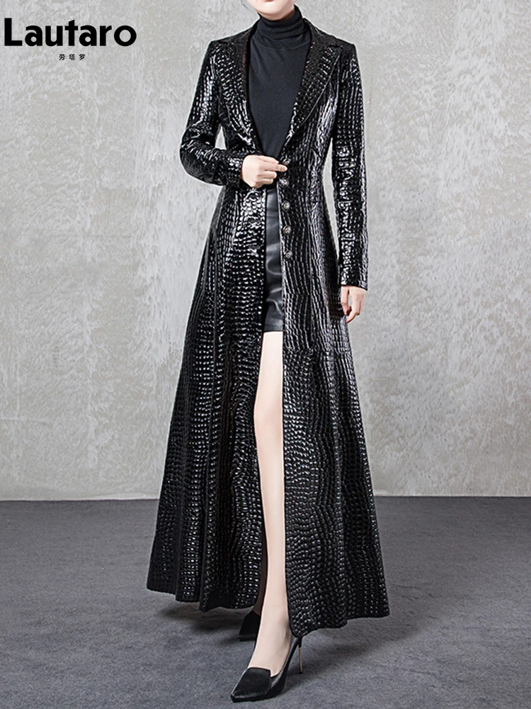 Lautaro Autumn Extra Long Black Shiny Reflective Crocodile Print Patent Faux Leather Trench Coat for Women with Side Double Slit