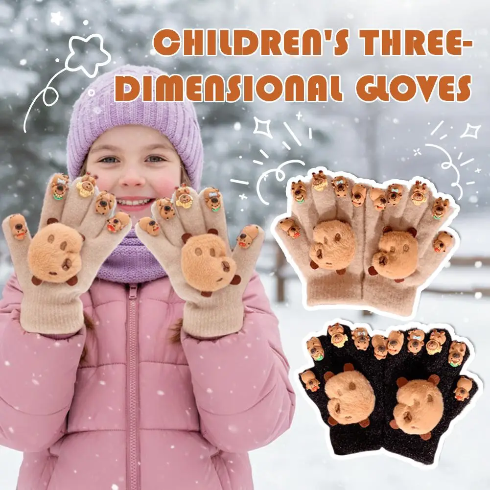 قفازات شتوية ثلاثية الأبعاد كابيبارا للأطفال من القطيفة بخمسة أصابع قفازات مقاومة للبرد في الهواء الطلق قفازات سميكة دافئة #4