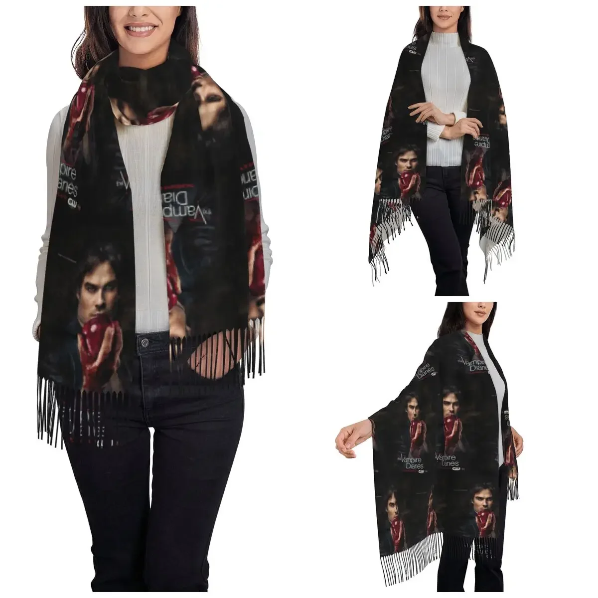 Damon Salvatore The Vampire Diaries Shawl Wraps for Ladies Winter Warm Large Soft Scarf Horror Neckerchief Tassel Scarves