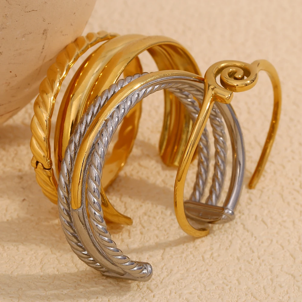 E.B.belle PVD Plated Mix Color Double Layers Wide Facted Cuff Bracelet Stainless Steel Women Statement Jewelry
