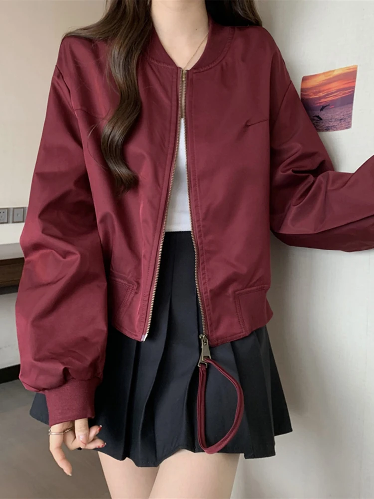 

Spring Autumn ort Baseball Jaet Women's Faion Loose Sport Open Cardigan Coat Red Color Commute Sle Zipper Design Ladi...