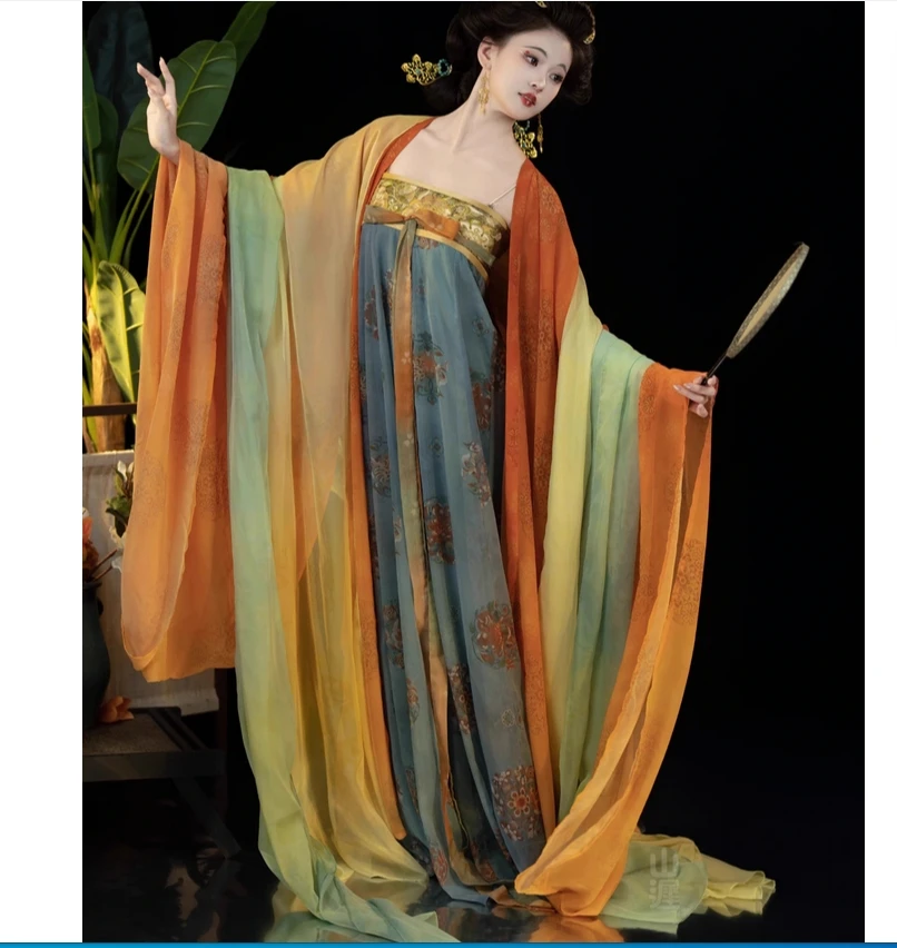 

Девушка Hanfu Реставрация Тан стиль Hejiacun Cellar Длина груди Халат Юбка Рубашка с большими рукавами Tang Sancai Плащ Hanfu Женское платье