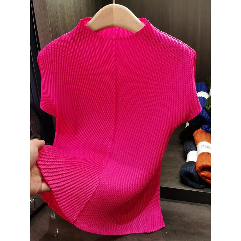 

Stand Collar Dragon Scale Pleated T-shirt High-end Versatile Slimming Short Sleeved Women's Summer Pullover Tops 2DB3044