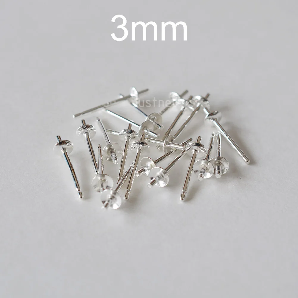 Solid 925 Sterling Silver Earring Studs Ear Post Finding with Cupped Pad for Holding Pearl Gemstone Beads