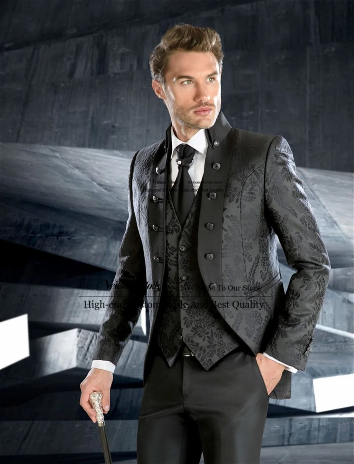

Формальные черные жаккардовые мужские пиджаки для выпускного вечера, индивидуальный воротник-стойка, свадебные смокинги для жениха, деловые комплекты из 3 предметов, костюм Homme