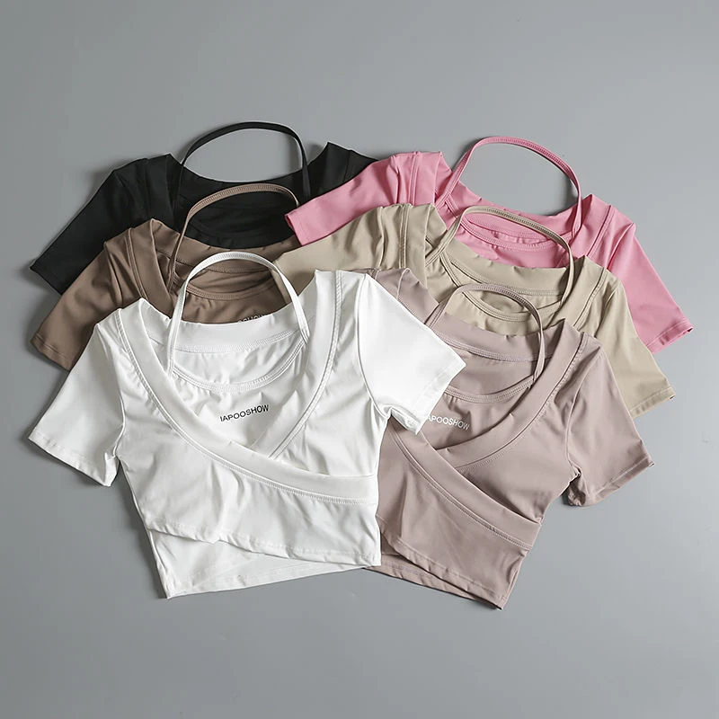 Summer Sports Crop T Shir Women Fashion with Chest Pads Slim Yoga Tops Korean Streetwear Simple Casual Halter Fake Tees New