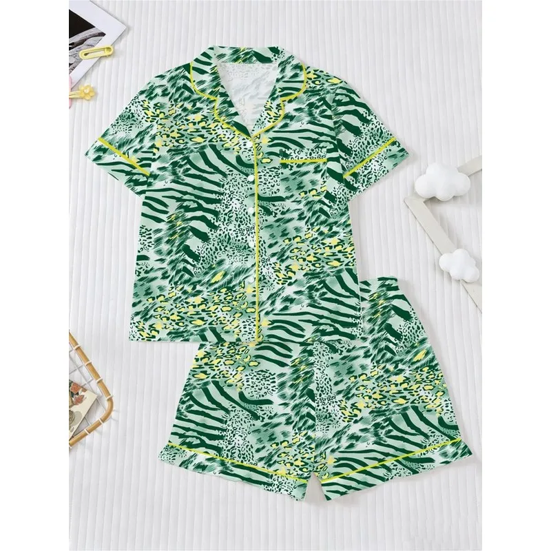 Women Tropical Leaf Zebra Print Pajama Set Short Sleeve Button Up Shirt and Shorts Soft Cozy Sleepwear Loungewear Homewear
