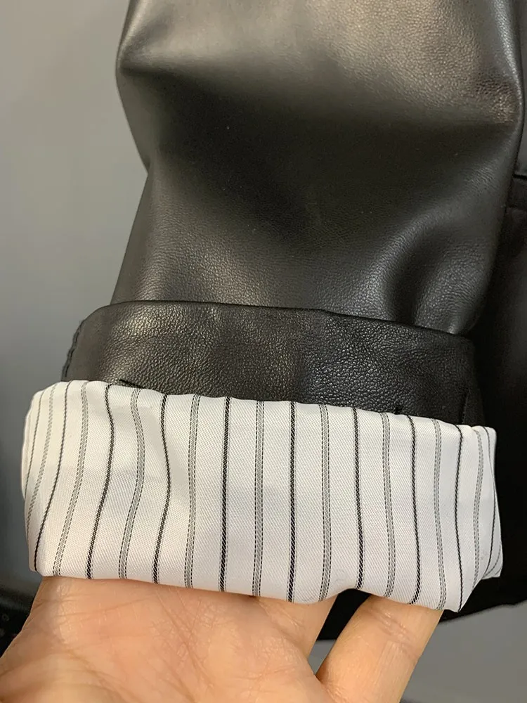 مصمم أزياء المرأة الجديدة زر واحد الخامس الرقبة متوسطة طويلة جلد طبيعي كم طويل فضفاض عارضة ملابس خارجية من جلد الغنم سترة