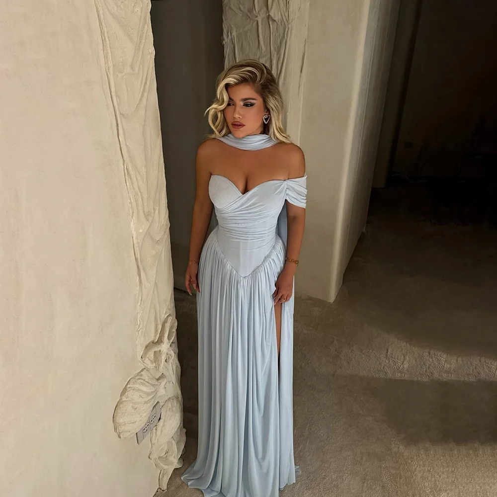 

Light Blue Evening Dress with Scarf Sweetheart Neck A Line Chiffon Simple Evening Gowns Long Formal Party Dresses Customized